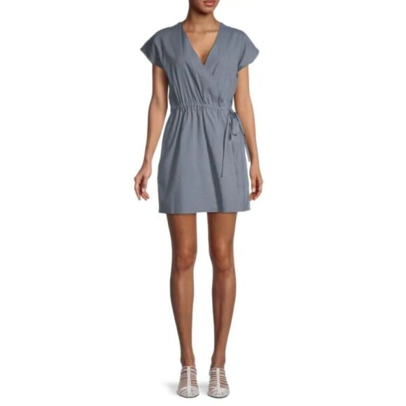 Theory Pants - Theory Short-Sleeve Linen-Blend Wrap-Front Romper, Steel
